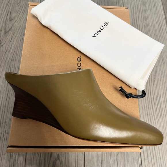 Vince Leather Benita Square Toe Slip On Clog Wedge Heel Pumps Cypress - Picture 6 of 10